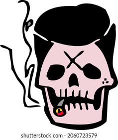 skull face smoking cigarette in cartoon tattoo style. Vector illustration