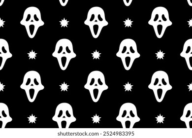 skull face with star seamless pattern background for print on textile, wrapping,banner, card. bogeyman face, scary ghost old school pattern on black background. groovy white spooky ghost face pattern