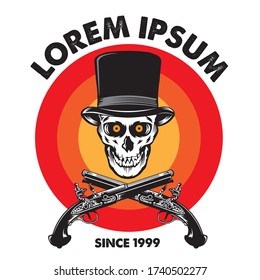 Cara de calavera con sombrero de punta y pistolas de candado, bueno para el logo del club de motor y diseño de camisetas