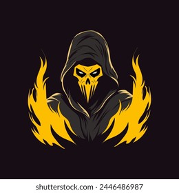 skull face wearing black hood and cloak holding fire logo