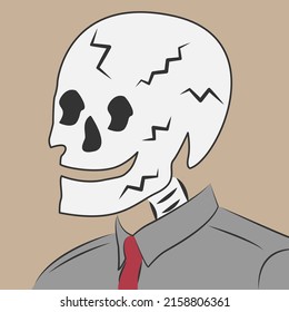 Skull face wearing black shirt and red tie in flat cartoon style