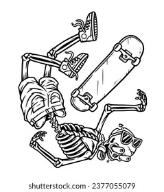 skull fall while playing skateboard line illustration