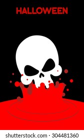 Skull falls into blood. Splashes of red blood. Vector illustration for Halloween