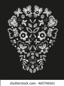 Skull with fantasy flowers and butterflies. Monochrome vector illustration hand drawn.  T-shirt  designs. 