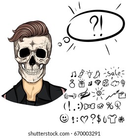 Skull. Fashionable guy. Cool haircut. Hipster. You can show what he thinks using icons.