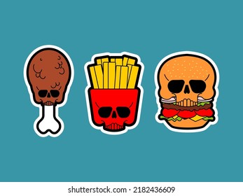 Skull fast food. burger and fried chicken leg and French fries. Harmful food. not healthy fastfood