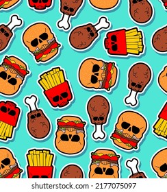 Skull fast food pattern seamless. burger and fried chicken leg and French fries background. Harmful food texture. not healthy fastfood ornament