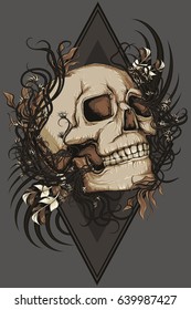 skull with feathers and leaves