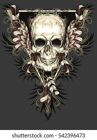 skull with feathers and patterns
