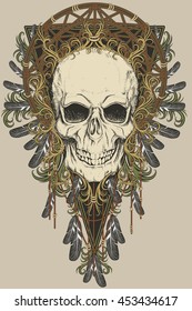 skull with feathers and patterns colored