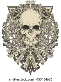 skull with feathers and patterns on white background
