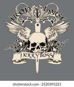 Skull with feathers and sword. single color creative design logo for jerry boss. cream and black color iron horse branding designs. retro style flowers and skull rust with detailed feathers