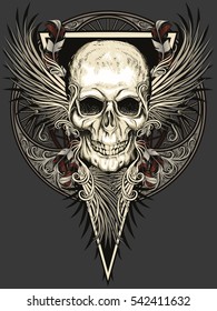 skull with feathers wings and patterned circle