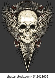 skull with feathers wings and patterned circle