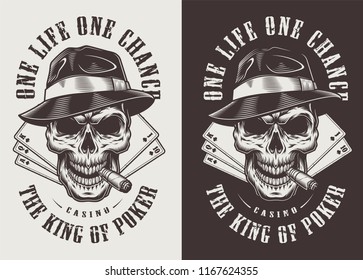 Skull in fedora hat, casino emblem concept. Vector illustraiton