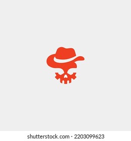 Skull Fedora Hat Logo Badge Line Vector Design Illustration