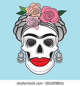 A skull with a female face in the image of Frida Kahlo. Mexican artist. Page of coloring book. Vector isolated illustration.