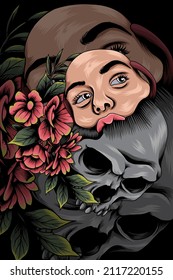 Skull with female mask vector illustration