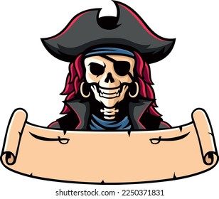 Skull of Female Pirate with Old Parchment Scroll