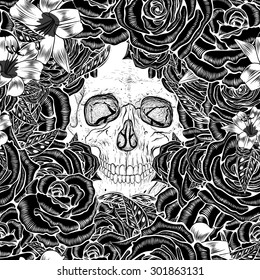 Skull in field of flowers.Seamless pattern background.