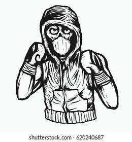 skull fighter with hooded jumper black and white drawing