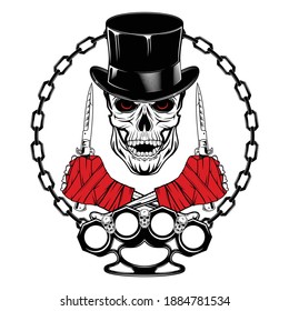 Skull fighter in a top hat with switchblades and brass knuckles. Youth underground culture. Old-school street fighter. Illustrations for t shirt print. Black tattoo.