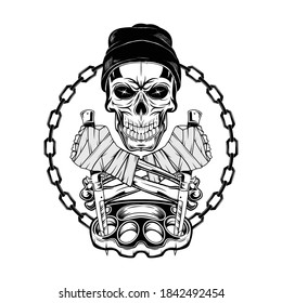 Peluquería de cráneo con sombrero de punto superior con palas de conmutación y mangueras de latón. Cultura juvenil subterránea. Combatiente callejero de la vieja escuela. Ilustraciones para la impresión de camisetas. Tatuaje negro.