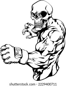 Skull fighter warrior boxing gloves logo gym workout vector art tattoo design shirt design black and white