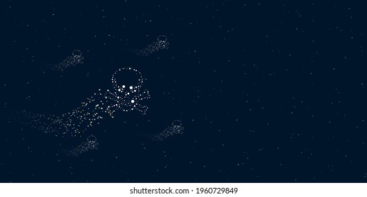 A skull filled with dots flies through the stars leaving a trail behind. Four small symbols around. Empty space for text on the right. Vector illustration on dark blue background with stars