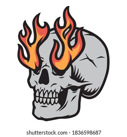 Skull with fire from eye sockets in vintage style isolated vector illustration