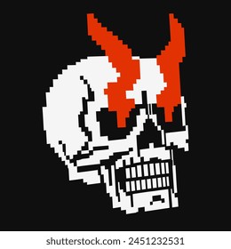 skull with fire eyes simple pixel art illustration