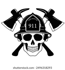 Skull with fire fighter helmet vector illustration.. Logo with crossed axe fire fighter 