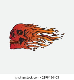 Skull fire flame drawing illustration.