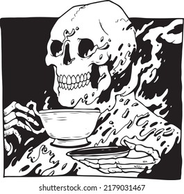 skull fire with a glass. Design for printing on t-shirts, stickers and more. Vector.