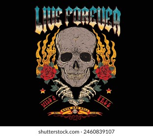 Skull fire graphic artwork. Rose with hand vintage art. Rock and roll vector t-shirt design. Live forever. Music world tour artwork. Wild and free. Music slogan logo design.