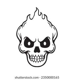 Skull with fire hand drawn illustrations for the design of clothes, stickers, tattoo etc