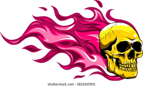 Skull in fire tattoo design. Hand drawn vector