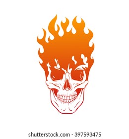 Skull in fire tattoo design. Hand drawn vector illustration