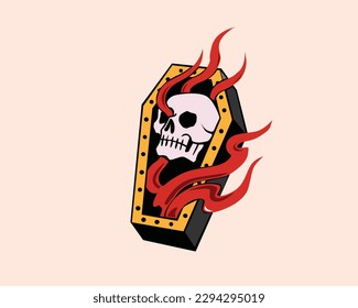 Escuela Vieja Skull And Fire Tattoo
