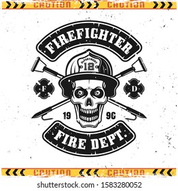 Skull of firefighter in helmet and crossed fire hooks vector emblem, badge, label or logo in vintage style isolated on background with grunge textures on separate layers