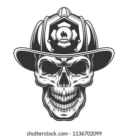 Skull in the firefighter helmet. Vector vintage illustration