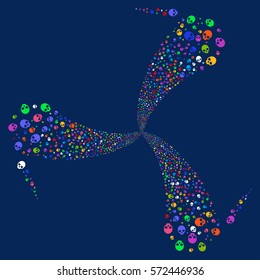 Skull fireworks swirl rotation. Vector illustration style is flat bright multicolored iconic symbols on a blue background. Object spiral created from random design elements.