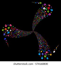 Skull fireworks swirl rotation. Vector illustration style is flat bright multicolored iconic symbols on a black background. Object twirl combined from random pictographs.