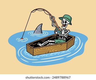 Skull fishing on a boat illustration