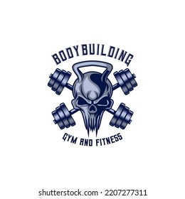 Skull Fitness Gym With Barbel Logo Icon Symbo Vintage Template For Labels, Emblems, Badges Or Design Template