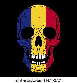 
Skull with flag of Romania isolated on black background. Vector skull.