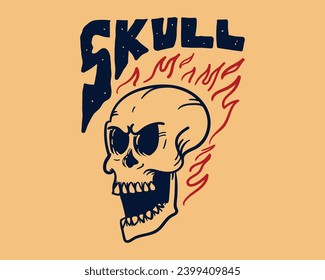 Calavera con ilustraciones de vectores de llama, diseño gráfico retro y a la moda para el concepto de diseño de ropa de calle, desgaste de calle, línea de ropa, ropa y diseño de camisetas de estilo urbano, capuchas, etc