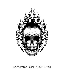 Skull with flame vector illustration. Burning head of skeleton. Fire show concept for emblems or labels templates