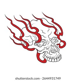 Skull with flames burning skull fire, Angry Skull With Flames On Head With Traditional Old Tattoo Style, vector illustration.