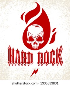 Skull in a flames Hard Rock music vector logo or emblem, aggressive skull dead head on fire Rock and Roll label, Punk festival concert or club, musical instruments shop or recording studio.
